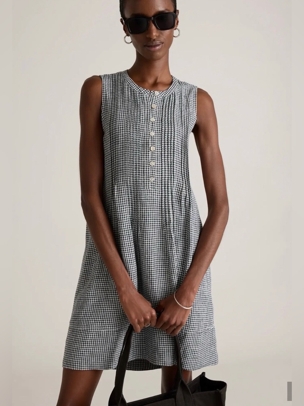 Quince NWOT Women's Classic Mini Gingham 100% European Linen Swing Dress Size M